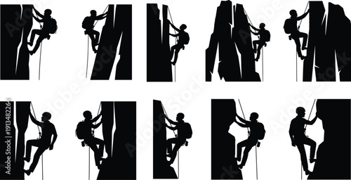 Black rock climbing silhouettes with climbers ascending steep cliffs using ropes, cad drawing flat vector illustration for extreme outdoor sports.