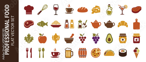 Professional Food and Drink Flat Vector Icon Set with 30 Earthy Toned Symbols Including Chef Hat, Utensils, Meat, Vegetables, Fruits, Beverages, and International Cuisine for Restaurant Menus.