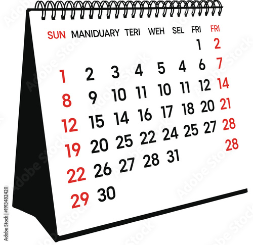 Desk calendar with spiral binding showing monthly dates and days of the week for schedule planning and time management office, cad drawing flat vector illustration