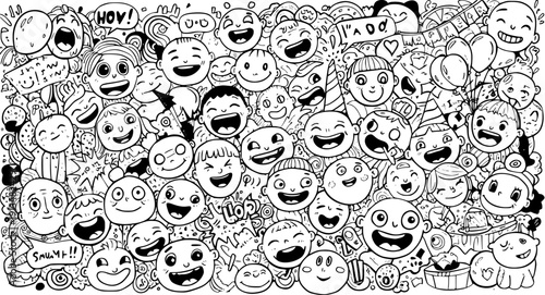 Joyful Doodle Art: Happy Kids Party Celebration. Black and White Hand-Drawn Illustration with Smiling Children's Faces and Fun Elements.