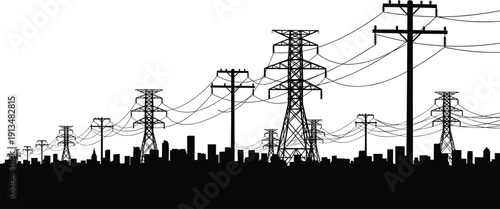 Black Silhouette of City Skyline and High Voltage Power Lines with Electrical Pylons and Transmission Towers for Urban Infrastructure Energy Supply and Industrial Power Concepts