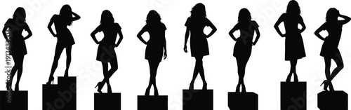 Black Silhouettes of Beautiful Fashion Models Standing on Pedestals in Various Elegant Poses for Runway Show Clothing Brand Marketing and Professional Female Empowerment Graphics