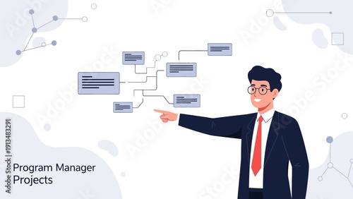 Program Manager Explains Project Workflow Diagram With Network Connections