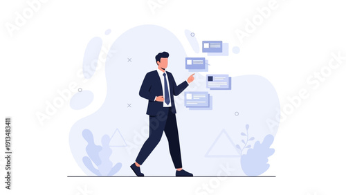 Businessman walking and choosing options from digital cards on a light blue background