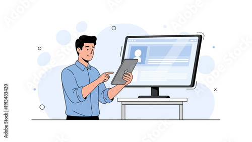 Man using tablet and computer for digital marketing and online business