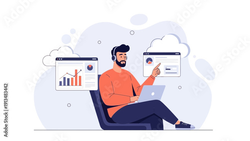 Man working on laptop with cloud data analytics dashboards