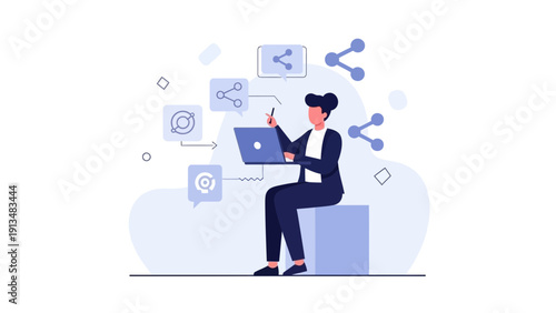 Businesswoman using laptop, sharing data and information online, digital connection concept