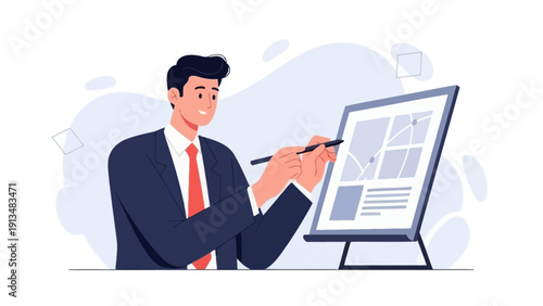 Businessman pointing at a presentation board with a map and layout