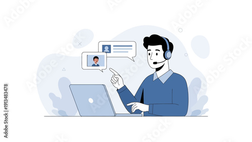 Customer Service Agent with Headset and Laptop, Video Call and Chat Bubbles