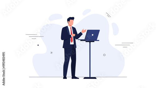 Businessman giving presentation with laptop on stand, flat design illustration