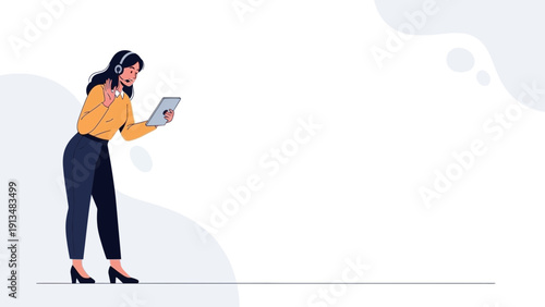 Woman with headphones and tablet video calling online