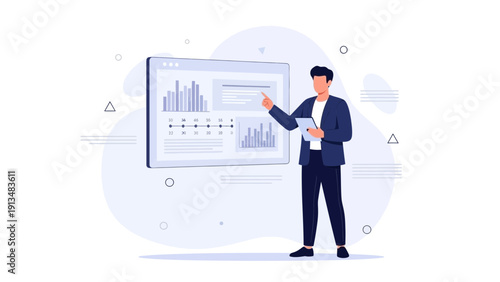 Businessman presenting data analytics on screen, pointing at charts and graphs