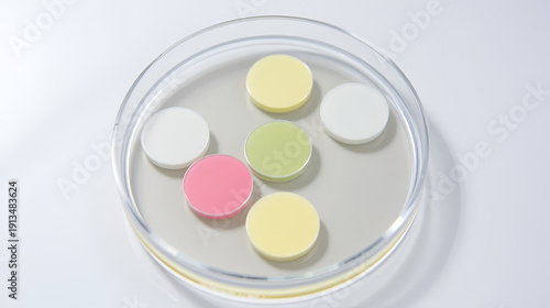 Clear Petri dish displays antibiotic discs creating zones of inhibition, effectively preventing bacterial growth in a sterile laboratory setting.