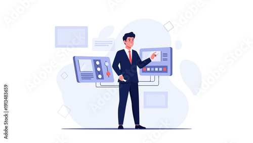 Businessman interacting with futuristic control panel and screens, innovation concept