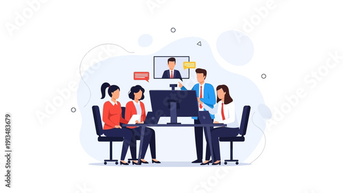 Business meeting with video conference, teamwork, office collaboration