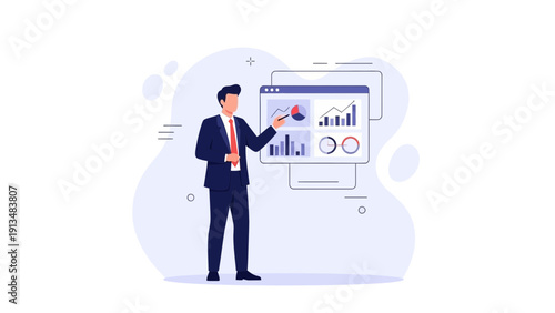 Businessman presenting financial data analytics on a digital screen, business strategy