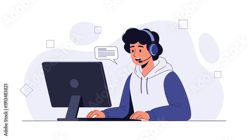 Young man with headset working on computer, illustration