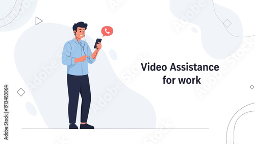 Man using smartphone for video call, remote work concept, flat illustration