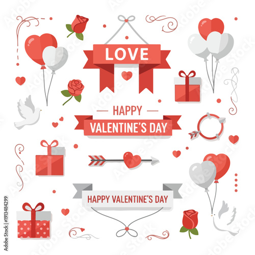 Valentines Day illustration hearts, ribbons, balloons, arrows and gifts