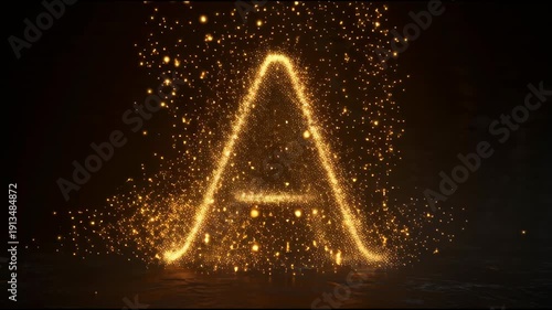 Glowing golden letter A made of sparkling particles on dark background