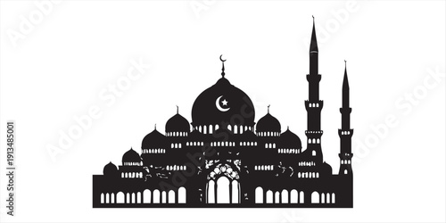 Islamic mosque silhouette with domes and minarets on white background