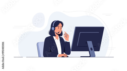 Customer service operator in headset working on computer, flat vector illustration.
