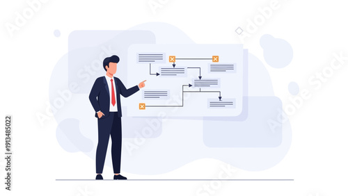 Businessman pointing at a flowchart on a screen, explaining strategy