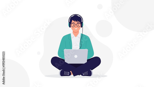 Young man with headphones on laptop, working or studying remotely, enjoying music