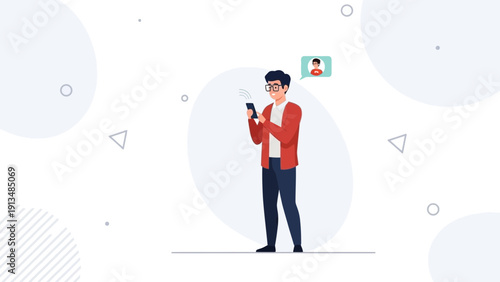 Young man in glasses using smartphone with message bubble, modern flat design