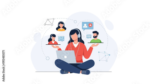 Woman balancing remote work and team communication with laptop and headphones