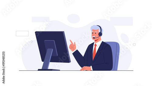Male Customer Service Agent with Headset Working on Computer