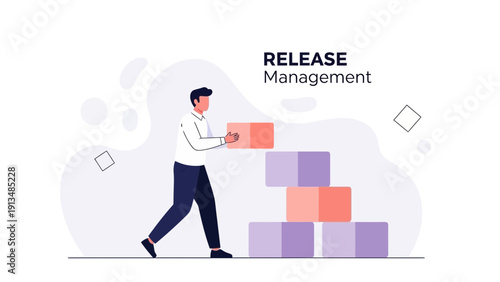 Businessman carrying box up stairs for release management concept