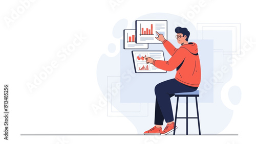 Man analyzing financial data and charts on screens, business analytics concept