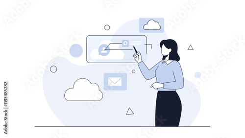 Woman pointing at cloud computing interface, digital marketing, data analysis