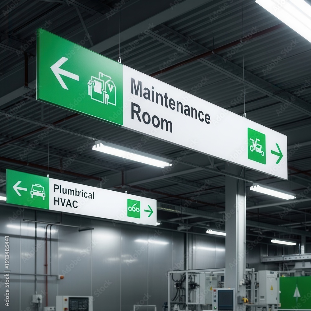 Fototapeta premium Directional Signs Guiding Towards Industrial Maintenance and Plumbrical HVAC Services