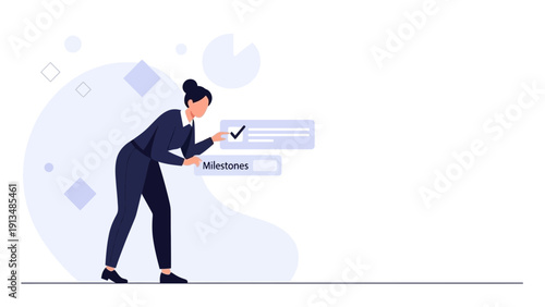 Businesswoman checking off milestones on a checklist, achieving goals, project management