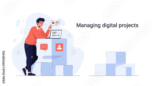 Man managing digital projects on laptop, illustration, business concept