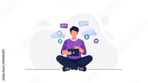 Man using tablet for online communication, social media and cloud services