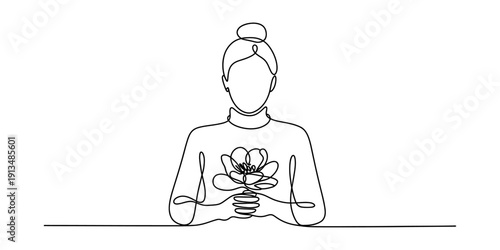 Minimalist one line drawing of a woman with a bun holding a flower against her chest Vector, illustration