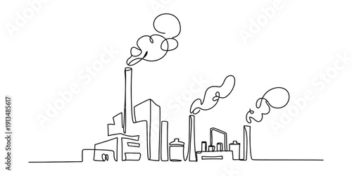 Continuous line drawing of an industrial factory with smoke rising from its chimneys Vector, illustration