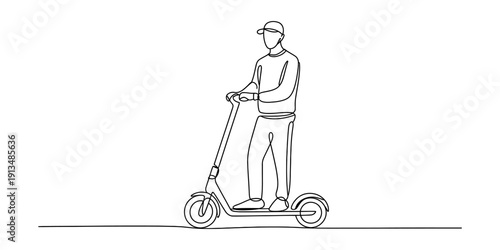 A simple line drawing of a person wearing a cap riding an electric kick scooter on a flat surface. Vector, illustration