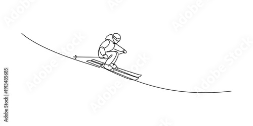 Minimalist line drawing of a person skiing down a snowy mountain slope in a crouched position Vector, illustration