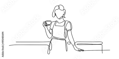 Continuous line drawing of a woman in an apron holding a cup of coffee at a counter Vector, illustration