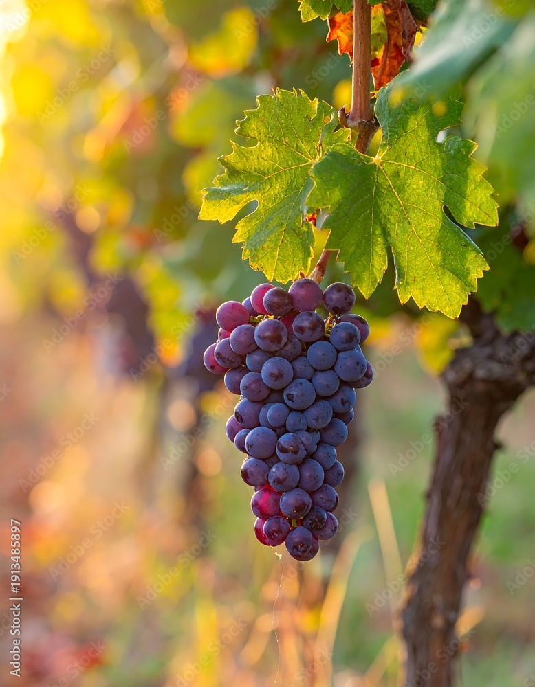 Fototapeta premium Close-up of a bunch of grapes in a vineyard, backlit by sunlight