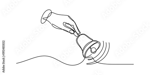 Continuous line drawing of a hand ringing a bell to call for attention or service. Vector, illustration