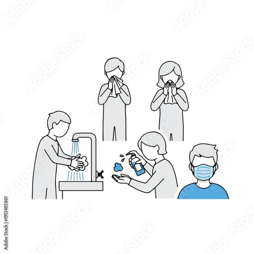 Various illustrations of preventative actions for health and hygiene