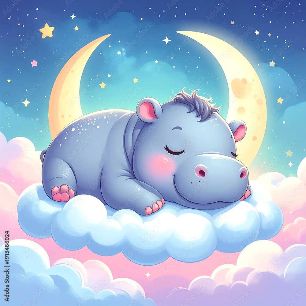 Fototapeta premium A baby hippo sleeps soundly on a cloud under the moon and stars