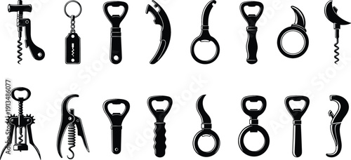 Set of 16 black silhouettes featuring diverse bottle openers, corkscrews, and wine tools for professional and home use