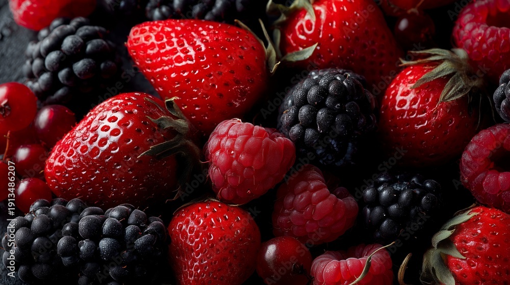 Fototapeta premium falling red raspberries strawberries and blackberries closeup