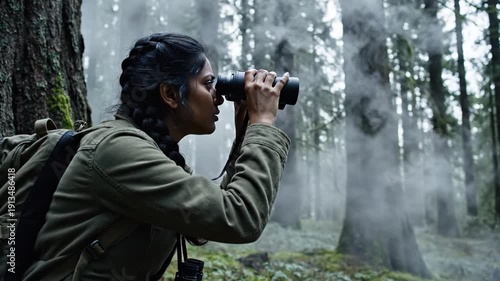 Woman observing nature with binoculars in misty forest